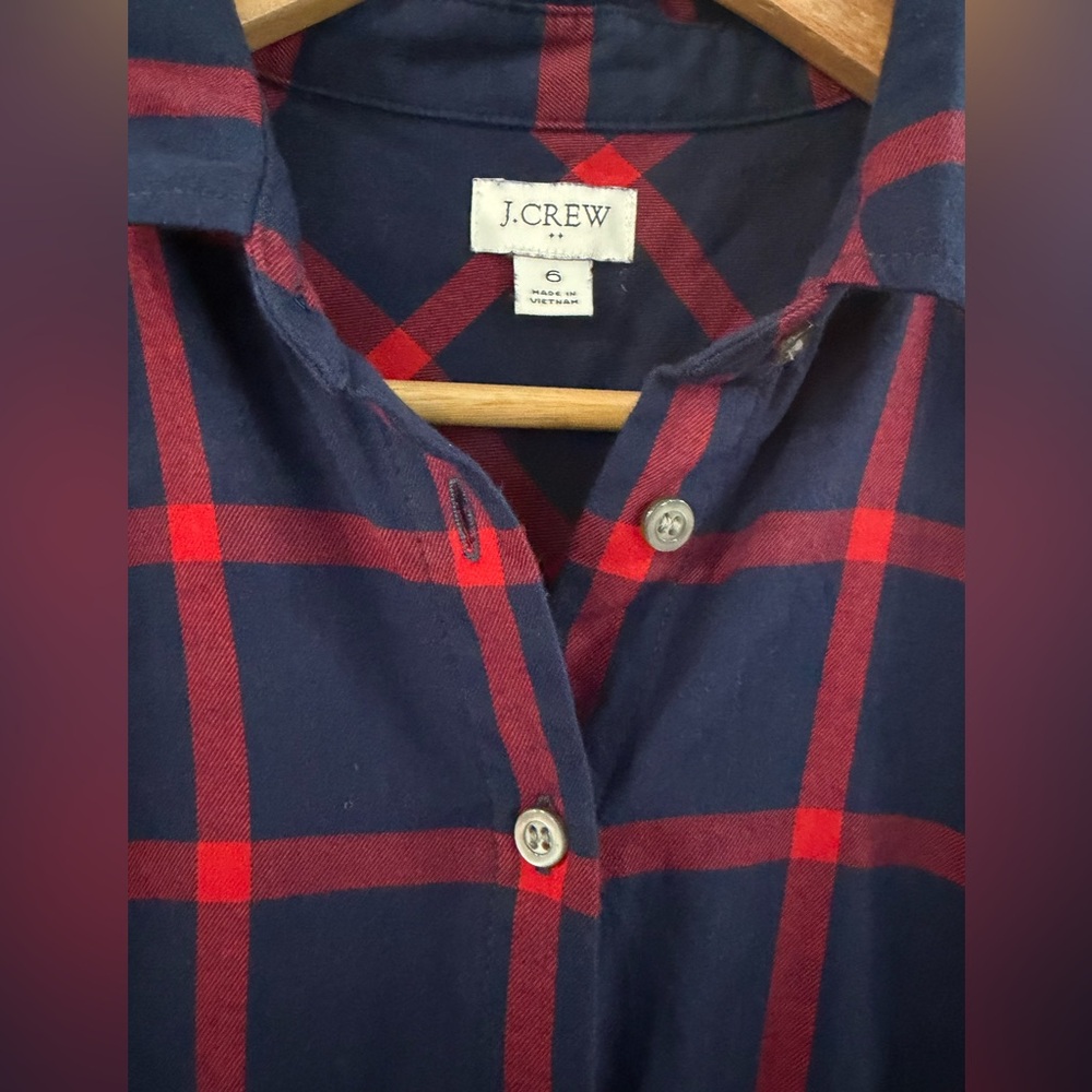 J. Crew Red Blue Plaid Check Flannel Button Up Dress Bow Tie Waist 100%Cotton - Picture 3 of 5